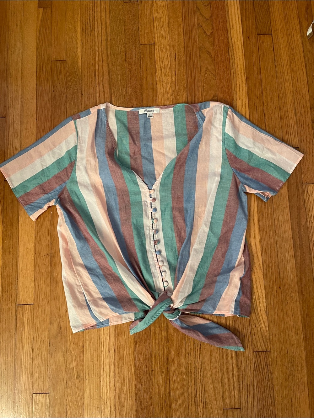 Madewell Striped Tie-Front Button Blouse in Pink, Blue, Green, Brown